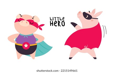 Little heroes set. Superhero pigs dressed in capes and masks cartoon vector illustration