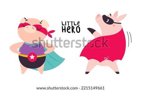 Little heroes set. Superhero pigs dressed in capes and masks cartoon vector illustration