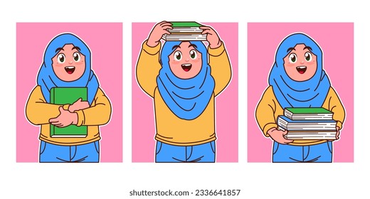 little hijab girl carrying a book and wearing a backpack