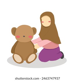 Little Hijab Girl Playing Bear Doll