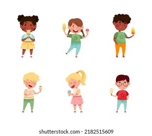 Little hildren feeling happy with their ice cream set vector illustration