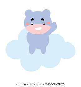 little hippo with blue cloud isolated on white background