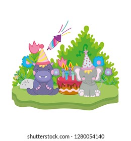 little hippo and elephant with party hats