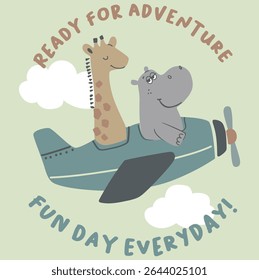 Little hippo flying with bestie, Ready for adventure fun day everyday, with giraffe, cool buddies ,clound,slogan. Cartoon hippopotamus vector print.