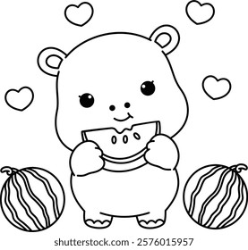 A little hippo is happily eating a watermelon, easy coloring for kids, vector, illustration, coloring book, coloring page