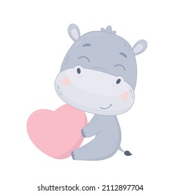 A little hippo holds a heart in his hands. Greeting card for valentine's day. Vector illustration