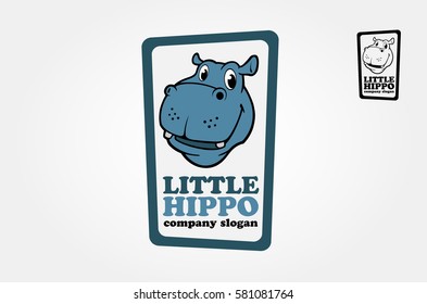 Little Hippo Logo Cartoon Character. Vector illustration of very cute hippo head. Hippopotamus vector logo template.