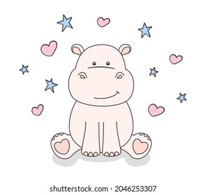 Little hippo on a white background with small blue stars and pink hearts. Cute smiling hippopotamus, tiny sitting behemoth. Vector illustration for poster, greeting card, banner, printing on apparel