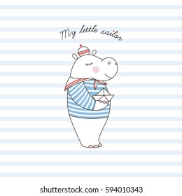 little hippo sailor, illustration for kids