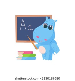 Little hippo at school lesson cartoon flat vector illustration isolated on white background. Animal schooler student for children education and back to school designs.