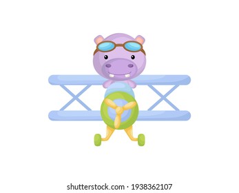 Little hippo wearing aviator goggles flying an airplane. Funny baby character flying on plane for greeting card, baby shower, birthday invitation, house interior. Isolated cartoon vector illustration