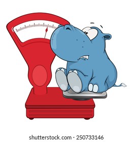 A little hippo and a weighing scale. Cartoon 