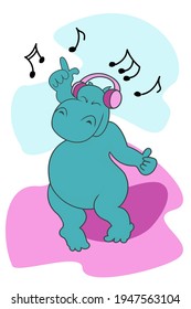 A little hippo-girl in headphone dancing and listening to music
