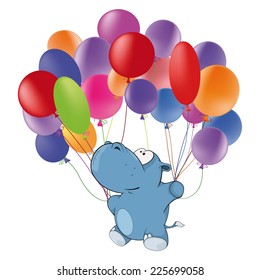 Little hippopotamus and multicolored balloons. Cartoon 