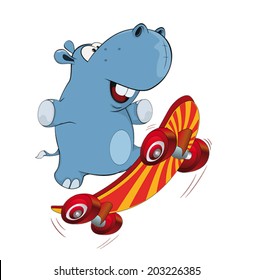 Little hippopotamus and skateboard cartoon 