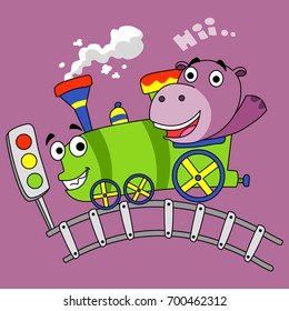 little hippos ride the train - vector illustration for children.
