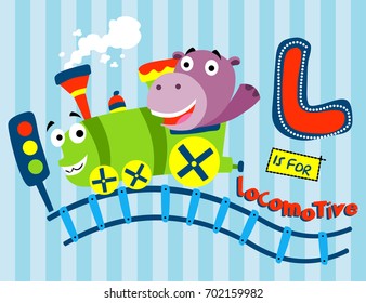 little hippos ride the train - vector illustration for children.