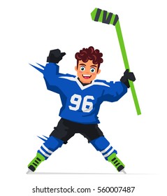 Little hockey player with a stick in the blue uniform. Vector illustration on white background. Sports concept.