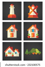 little homes and other objects, for your environment on dark background