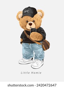 little homie slogan with bear doll taking selfie hand drawn vecrtor illustration