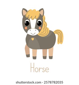 Little horse isolated on a white background for children's book and illustrations. Cute horse vector illustration.  