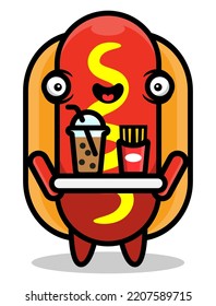 Little Hotdog mascot characters carrying boba drinks and French fries with tray and serve to customer, best for sticker, logo, and decoration with fast food themes for kids