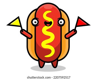 Little Hotdog mascot characters holding a flag to promotion a product, best for sticker, logo, and decoration with fast food themes for kids