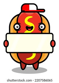 Little Hotdog mascot characters wearing a hat and holding a signboard, best for sticker, logo, and decoration with fast food themes for kids