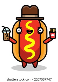 Little Hotdog mascot characters wearing cowboy hat and carrying boba drinks and French fries, best for sticker, logo, and decoration with fast food themes for kids