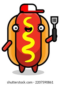 Little Hotdog mascot characters wearing a hat and holding a spatula and get ready for cooking, best for sticker, logo, and decoration with fast food themes for kids