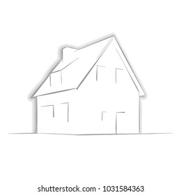 Little House Drawing by Hand. Line Art architecture icon for greeting card, vector background.