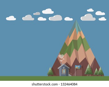Little house at the end of the world with chimney smoke in shape of hearts in front of big mountain with trees, green and clouds.  All in stylish 3D shape with huge copy space for your text.