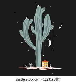 Little house at the foot of a big and sacral saguaro cactus. Night landscape, Mexico concept. Vector illustration.