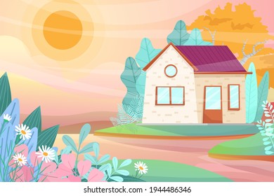 Pequeña casa en bosque o jardín con paisaje de verano de pueblo de madera, . Cabaña forestal, cabaña o casa de campo con césped verde, árboles grandes y luz solar.caricatura Ilustración vectorial