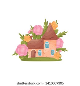 Little house in the grass and pink colors. Vector illustration on white background.