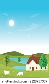 Little House Hill Lake Beautiful Summer Rural Nature Landscape Card