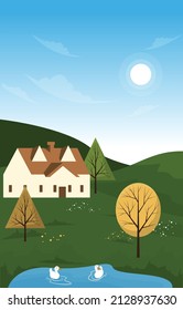 Little House Hill Lake Beautiful Summer Rural Nature Landscape Card