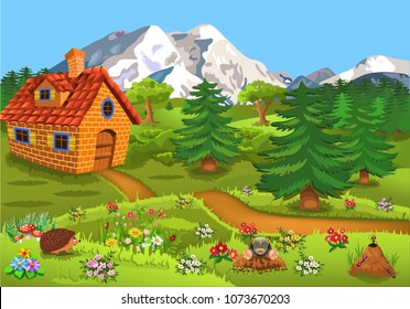 little house in the middle of the nature with fir trees and flowers all around and mountains in the background