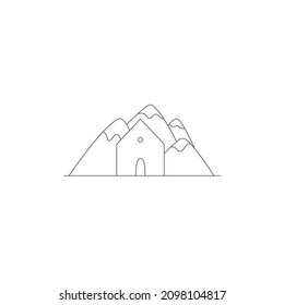 Little house in montains, cabin, chalet. Line art, outline vector illustration. Thin clean contour. 