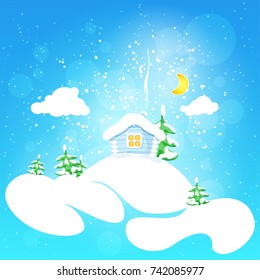 Little House with the Moon and Clouds and Fir Trees on a Bright Defocused Background with Glittering Lights and Snowflakes, Merry Christmas Landscape, Vector Illustration 
