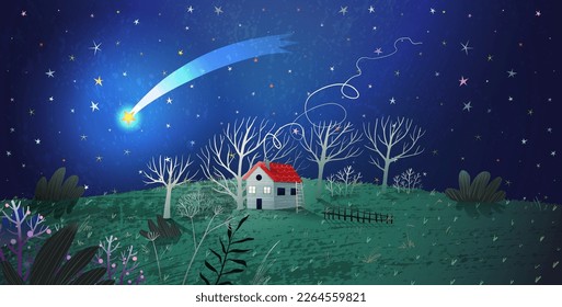 Little house in nature landscape at night under the stars. Shooting star in dark sky, artistic fairytale wallpaper drawing for kids. Hand drawn surreal textured background vector illustration.