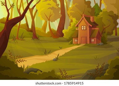 Little house nestling in a summer forest surrounded by green trees with a path leading to the door, colored vector illustration