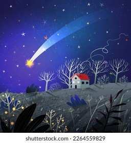 Pequeña casa de noche bajo las estrellas, paisaje natural. Estrella de tiro en cielo oscuro, dibujo artístico de papel pintado de cuento de hadas para los niños. Ilustración del vector de fondo de naturaleza surrealista dibujada a mano.