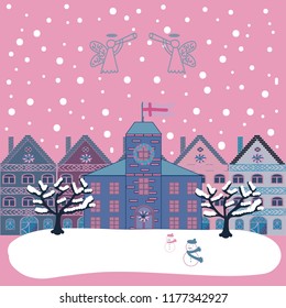 Little house on cute landscape. Vector. Pictures on neutral, white and blue colors and Christmas tree. Holiday mood.