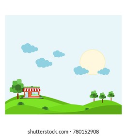 Little house on the green mountain with blue cloud sky vector illustration