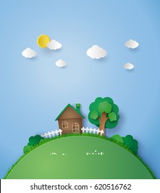 Little House On The Hill With Green Grass And Trees ,blue Sky With Sun And Cloud,paper Art And Craft Style. 