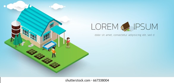 Little house on the hill with green grass and trees ,blue sky with people, sun and cloud , isometric style.