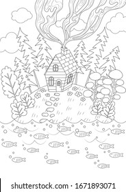 Little house on island vector illustration. Sweet home in jungle vector cartoon. Meditation coloring page.