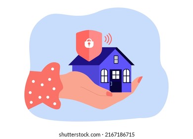 Kleines Haus mit Sicherheitssystem signiert auf menschlicher Hand. Schutz vor Einbrüchen und Abstürzen flache Vektorgrafik. Alarm-, Kontroll-, Wache-Konzept für Banner, Website-Design oder Landing-Webseite