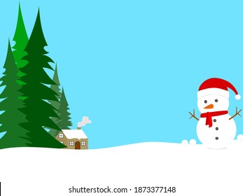 little house with smoke near pine tree forest. winter season with snowman on snow ground and snow ball. illustration christmas with snowman. cold temperature in snowy weather.